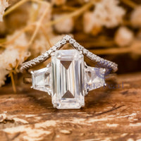 Emerald Cut CZ Three Stone Ring With Chevron Band