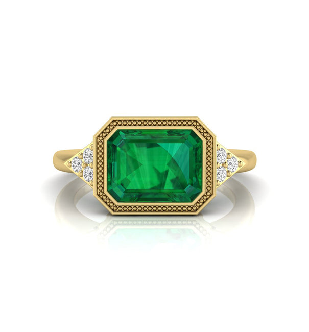 Green Emerald CZ Seven Stone Milgrain Bezel Set Ring