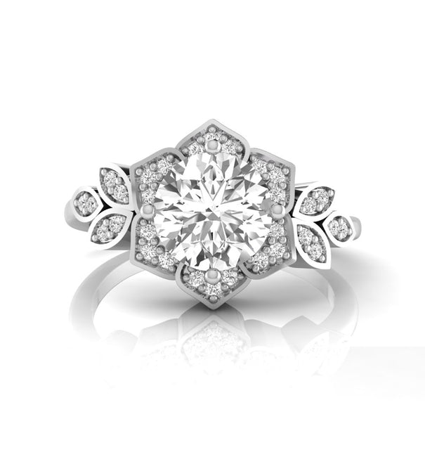 Round Moissanite Floral & Leaf Inspired Ring