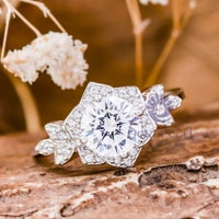 Round Moissanite Floral & Leaf Inspired Ring