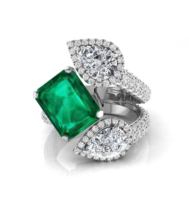 Emerald & Pear CZ Three Stone Gap Halo Fashion Ring