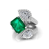 Green Emerald & Pear CZ Three Stone Gap Halo Fashion Ring
