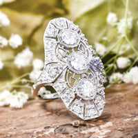 Old European Cut Moissanite Three Stone Art Deco Filigree Ring For Wedding