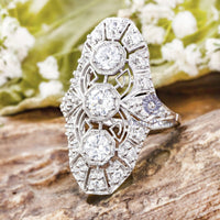 Old European Cut Moissanite Three Stone Art Deco Filigree Ring For Wedding