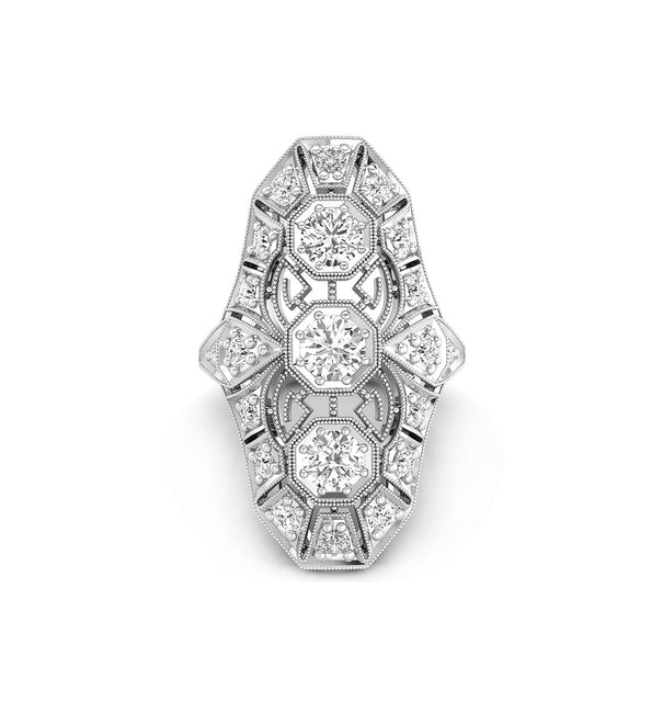 Old European Cut Moissanite Three Stone Art Deco Filigree Ring For Wedding