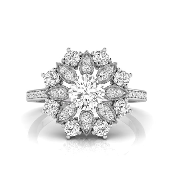 Round Moissanite Milgrain Floral Engagement Ring