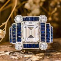 Blue Baguette Cut CZ Stone Vintage Bezel Set Milgrain Style Wedding Ring