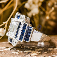 Blue Baguette Cut CZ Stone Vintage Bezel Set Milgrain Style Wedding Ring