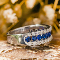 Blue & White Round CZ Stone Channel Set Half Eternity Stacking Band Ring For Women