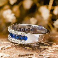 Blue & White Round CZ Stone Channel Set Half Eternity Stacking Band Ring For Women