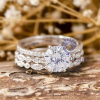 Round Cut Moissanite Art Deco Three Piece Bridal Ring Set