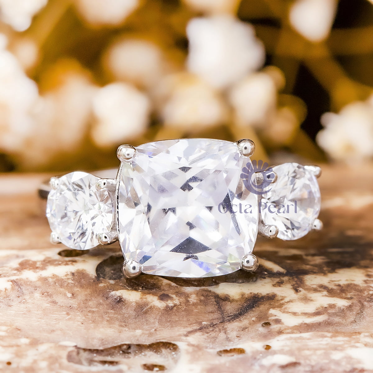 Cushion Round Cut Moissanite Three Stone Promise Ring For Women