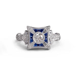 Vintage-Inspired Art Deco Blue Sapphire Engagement Ring in 14k White Gold