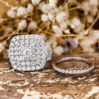 Round & Baguette Cut CZ Stone Three Halo Stackable Wedding Bridal Ring Set