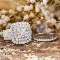 Round & Baguette Cut CZ Stone Three Halo Stackable Wedding Bridal Ring Set