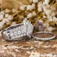 Round & Baguette Cut CZ Stone Three Halo Stackable Wedding Bridal Ring Set