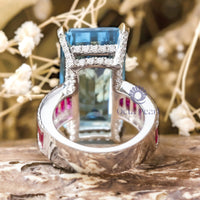 Aquablue Emerald & Pink Baguette, Round Cut CZ Gemstone Unique Party Wear Ring