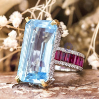 Aquablue Emerald & Pink Baguette, Round Cut CZ Gemstone Unique Party Wear Ring