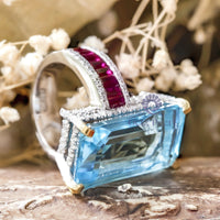 Aquablue Emerald & Pink Baguette, Round Cut CZ Gemstone Unique Party Wear Ring