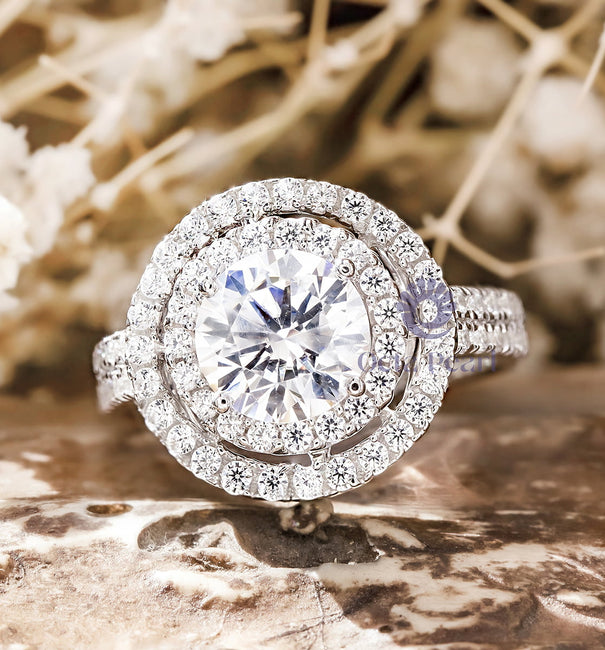 Round Cut Moissanite Double Halo Set Solitaire With Accent Wedding Ring alternate