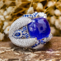 Blue Sapphire Cushion Shape Cabochon With Multi Stone Cocktail Party Wear Ring