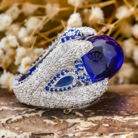 Blue Sapphire Cushion Shape Cabochon With Multi Stone Cocktail Party Wear Ring