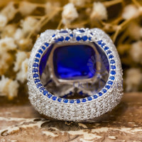 Blue Sapphire Cushion Shape Cabochon With Multi Stone Cocktail Party Wear Ring