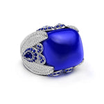 Blue Sapphire Cushion Shape Cabochon With Multi Stone Cocktail Party Wear Ring