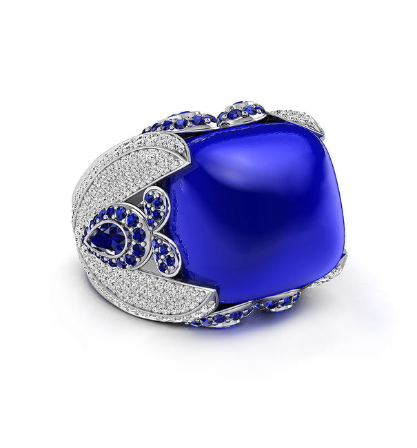 Blue Sapphire Cushion Shape Cabochon With Multi Stone Cocktail Party Wear Ring