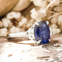 Blue Sapphire Cushion & Half Moon Cut Three Stone Handmade Ring For Women