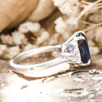 Blue Sapphire Cushion & Half Moon Cut Three Stone Handmade Ring For Women