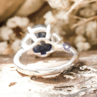 Blue Sapphire Cushion & Half Moon Cut Three Stone Handmade Ring For Women