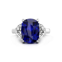 Blue Sapphire Cushion & Half Moon Cut Three Stone Handmade Ring For Women