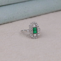 Silver ring with a green gemstone on a light gray surface, Vintage Green CZ Stone Art Deco Wedding Bridal Ring, Art Deco Green CZ Engagement Ring, Vintage Style Wedding Ring For Women, Green Cubic Zirconia Bridal Jewelry