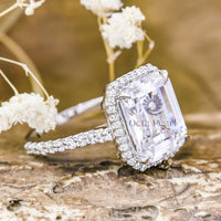 Solitaire With Accent Emerald Cut Moissanite Halo Set Engagement Ring