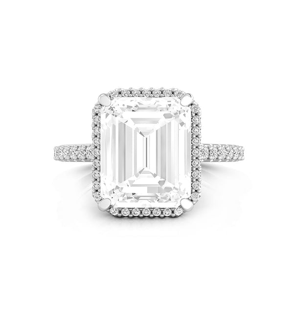 Solitaire With Accent Emerald Cut Moissanite Halo Set Engagement Ring