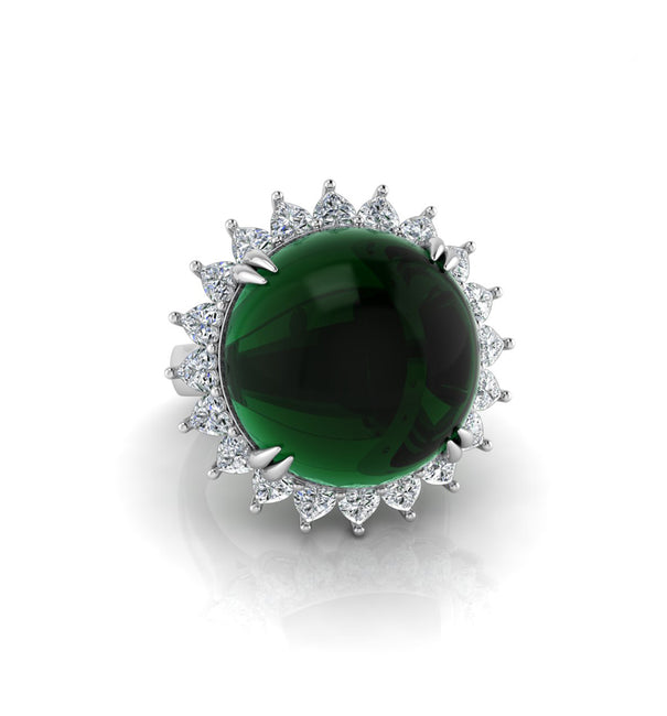 Green Round Shape Cabochon Stone Halo Party Wear Ring