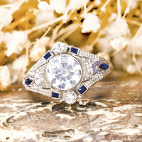 Old European Cut White With Blue Sapphire Baguette Milgrain Art Deco Victorian Ring