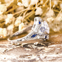 Old European Cut White With Blue Sapphire Baguette Milgrain Art Deco Victorian Ring