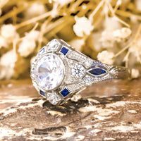 Old European Cut White With Blue Sapphire Baguette Milgrain Art Deco Victorian Ring