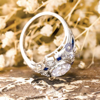 Old European Cut White With Blue Sapphire Baguette Milgrain Art Deco Victorian Ring