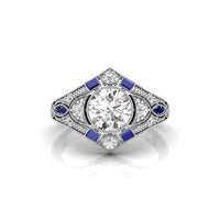 Old European Cut White With Blue Sapphire Baguette Milgrain Art Deco Victorian Ring