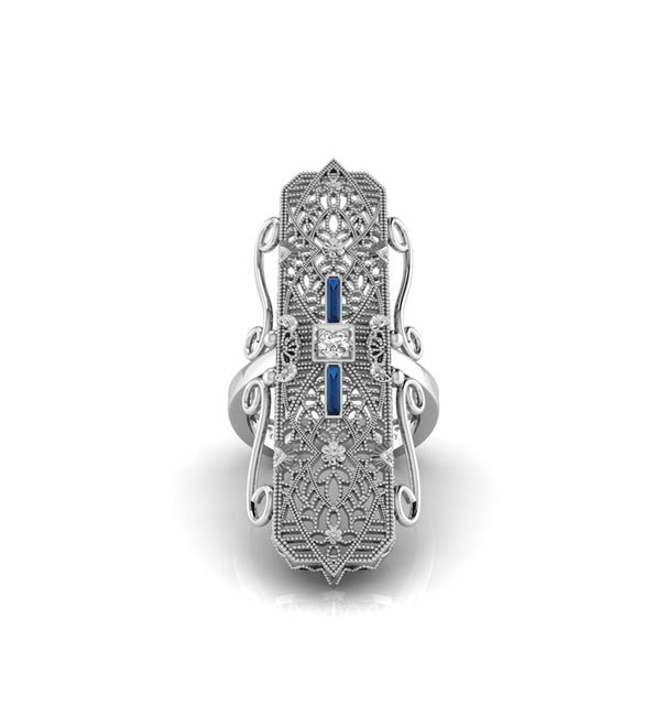 Openwork Filigree Art Deco Round & Baguette Stone Ring