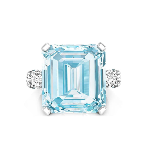 white gold Square Aquamarine Wedding Ring CZ 3 Stone for women