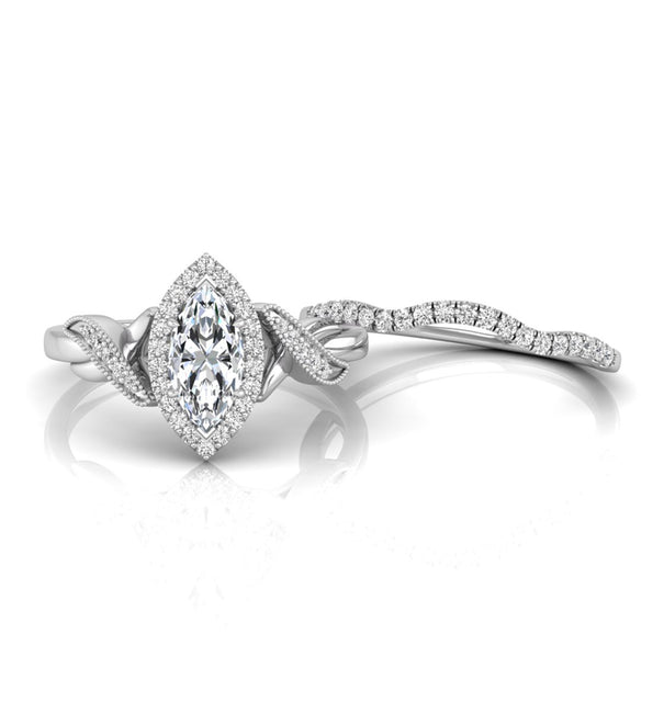 Marquise Cut Moissanite Halo Twisted Bridal Ring Set