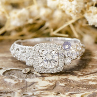 Round Cut Moissanite Milgrain Bezel Set Halo Filigree Art Deco Ring For Birthday-Mother's day Gift