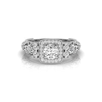 Round Moissanite Milgrain Bezel Set Halo Filigree Art Deco Ring