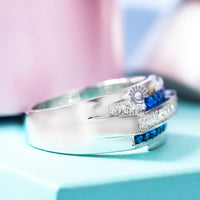 Blue Sapphire & White Round CZ Stone Channel Setting Men's Ring For Wedding-Proposal