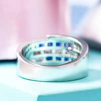 Blue Sapphire & White Round CZ Stone Channel Setting Men's Ring For Wedding-Proposal