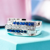 Blue Sapphire & White Round CZ Stone Channel Setting Men's Ring For Wedding-Proposal